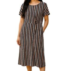 MICHEL STUDIO COLLECTION Navy Stripe Maxi Dress Twist Gathered Waist Coastal X